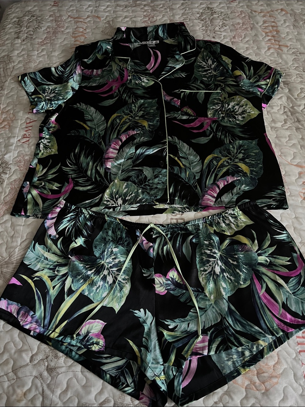 Linea Donatella Black Tropical Leaf Short Pajama Set with Pink Accents